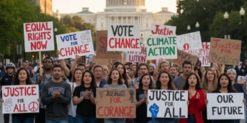 Diverse activists marching with signs towards the US Capitol, symbolizing grassroots influence on policy.