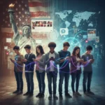 Diverse individuals engaging with social media, symbolizing evolving American cultural identity in the digital age.