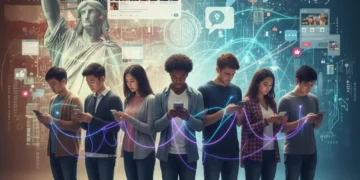 Diverse individuals engaging with social media, symbolizing evolving American cultural identity in the digital age.