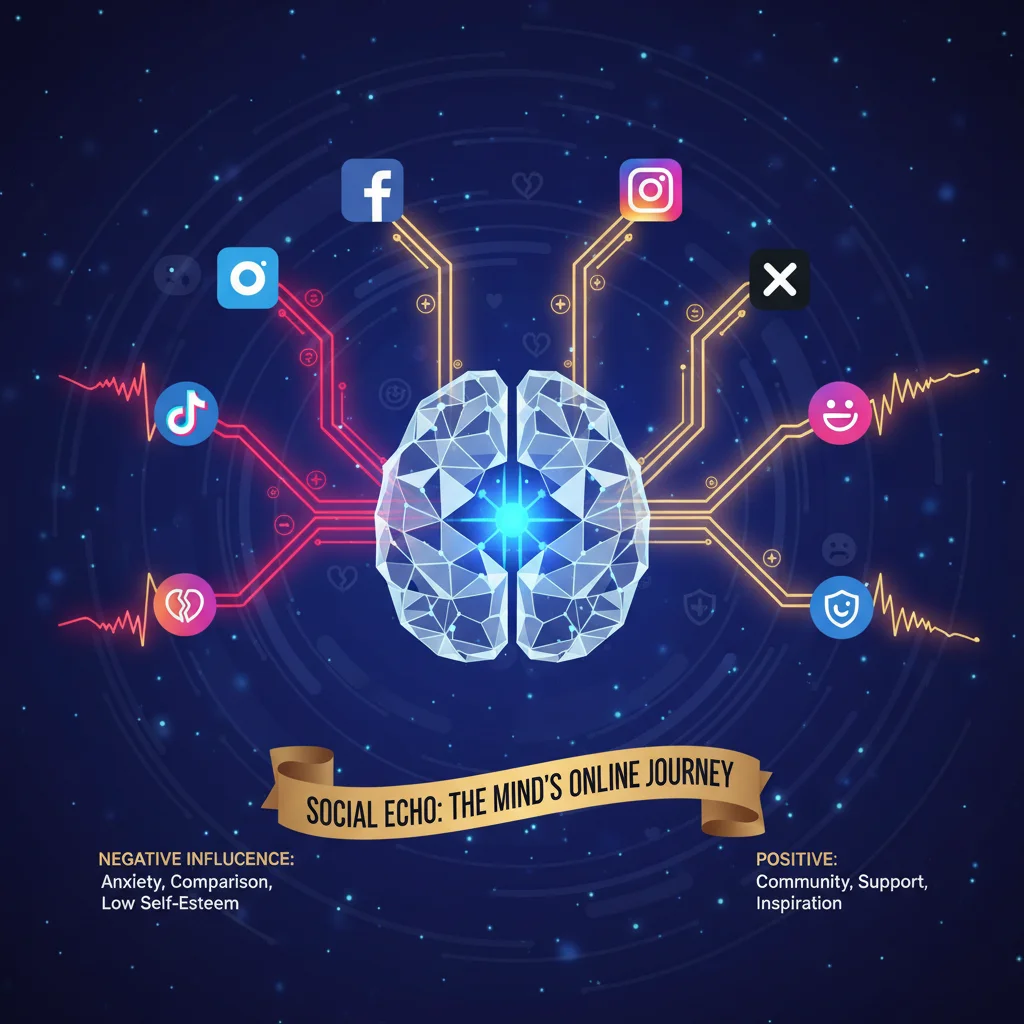 Brain connecting to social media icons, illustrating the impact on self-esteem and mental health.