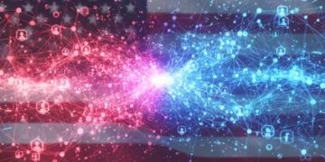 Abstract network symbolizing social media's political impact in 2026, showing polarization and connection.