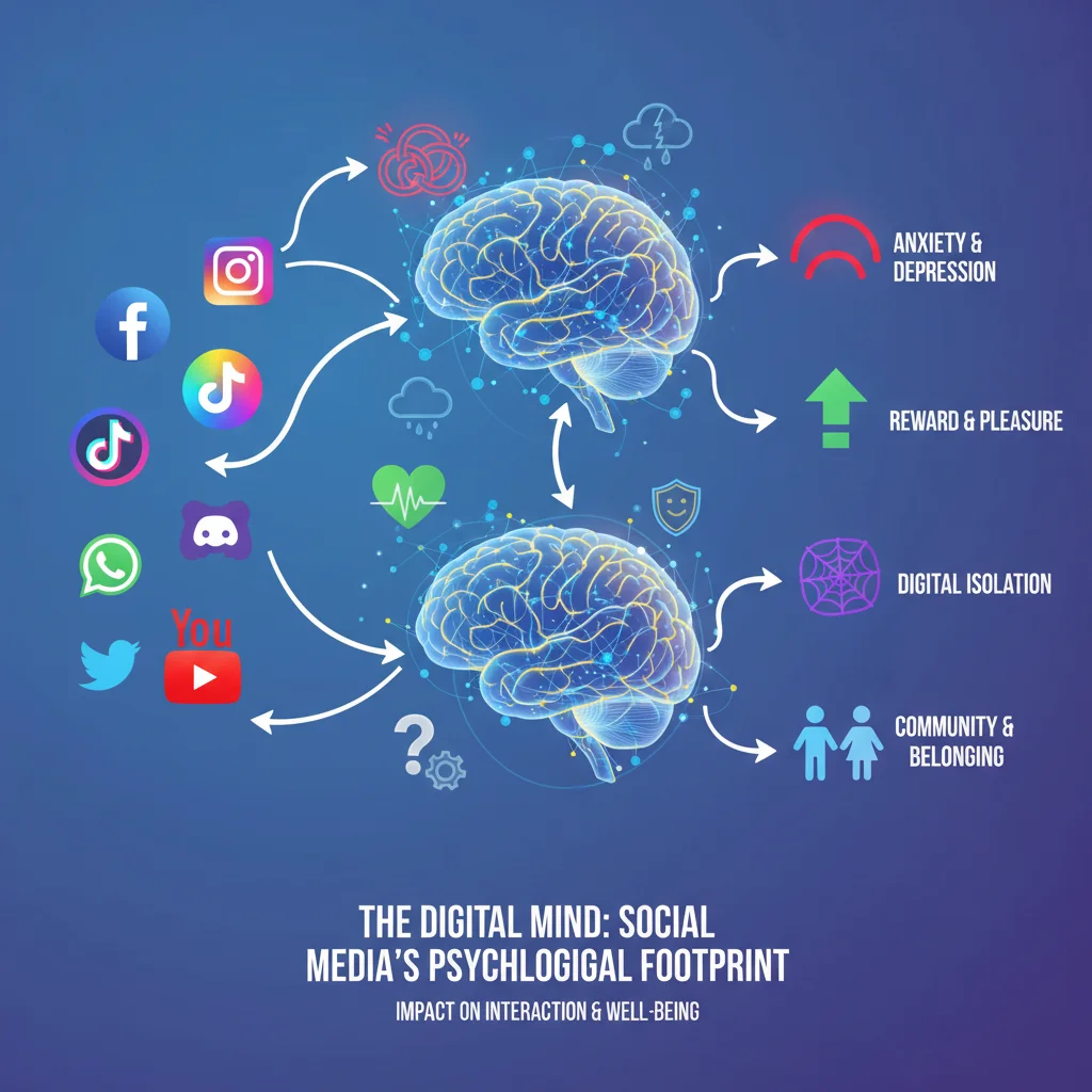 Infographic showing social media impact on mental health and social interactions.