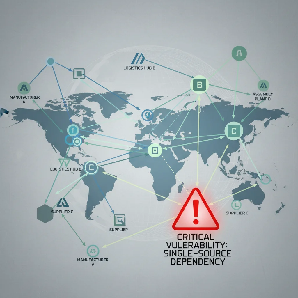 Vulnerable global supply chain diagram, highlighting weak links susceptible to cyber infiltration.