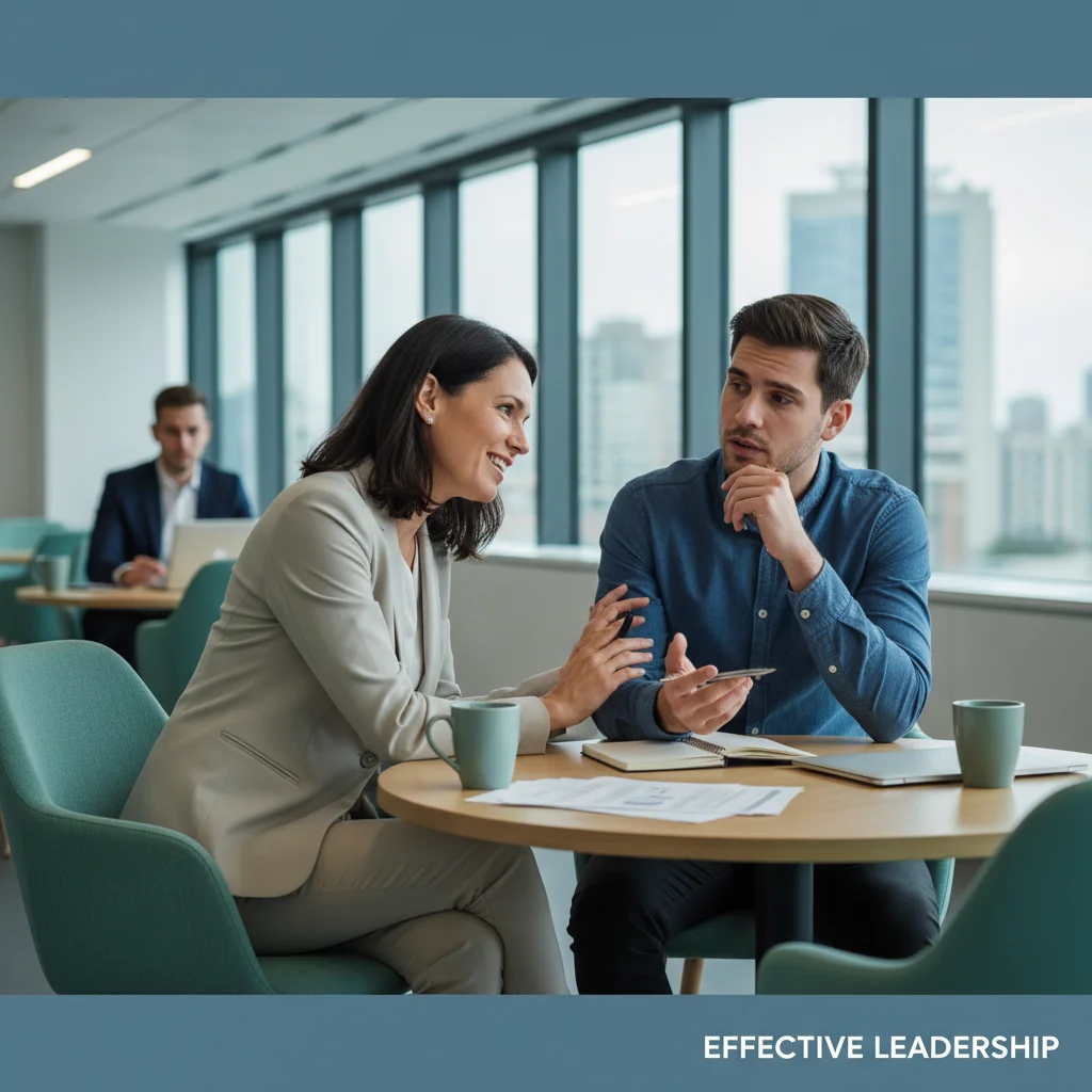 Manager and employee engaged in a positive, supportive conversation in a contemporary office setting.