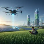 Futuristic sustainable agriculture landscape in the U.S. with drones, vertical farms, and solar power.