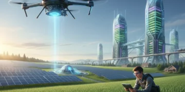 Futuristic sustainable agriculture landscape in the U.S. with drones, vertical farms, and solar power.