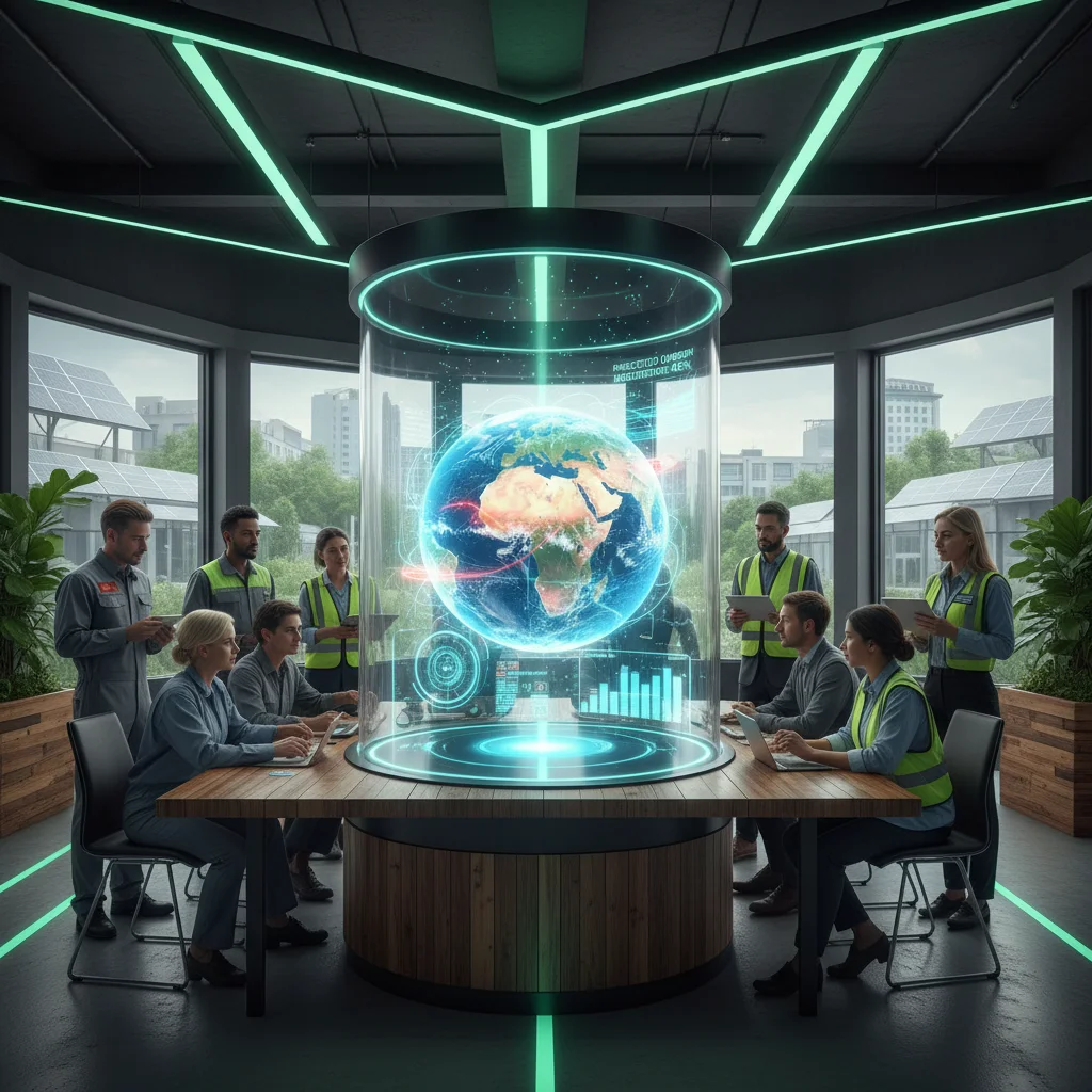 Business leaders discussing sustainable strategies and carbon reduction targets with green AI data