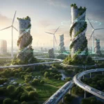 Futuristic sustainable U.S. city with green energy infrastructure