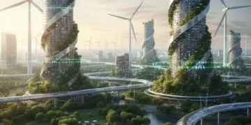 Futuristic sustainable U.S. city with green energy infrastructure