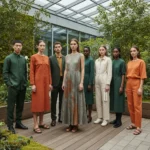 Models wearing sustainable fashion in an urban setting, representing 2026 trends