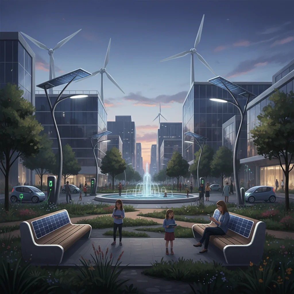 Urban park with integrated solar panels, wind turbines, and EV charging stations.