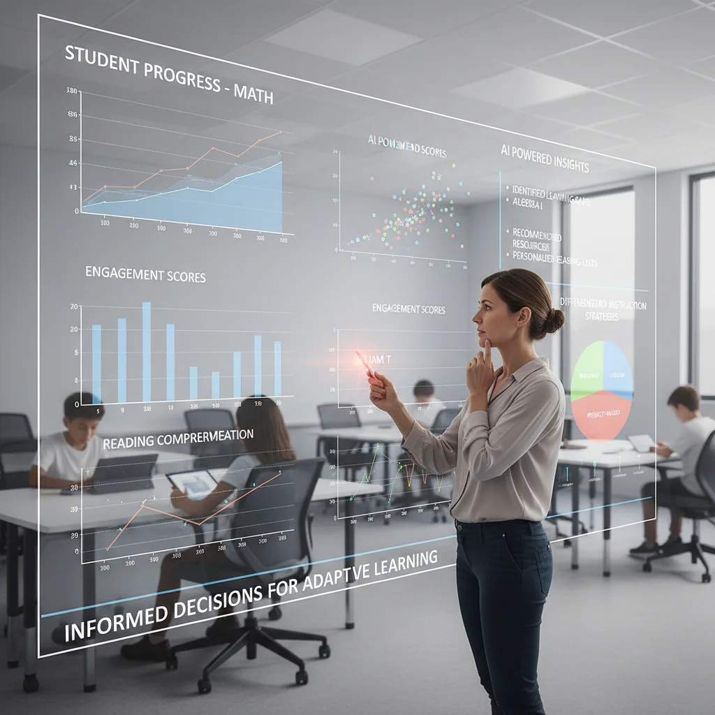 Teacher analyzing AI-generated student performance data for instruction.