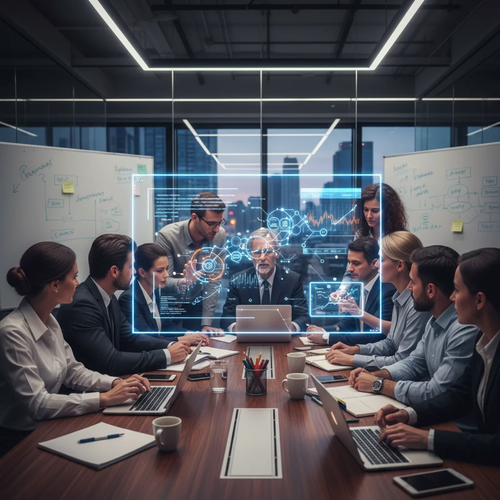 Business team collaborating on predictive analytics strategies