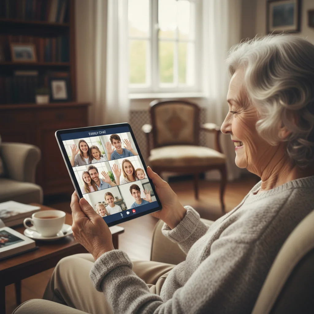 Elderly woman video calling with multiple family members