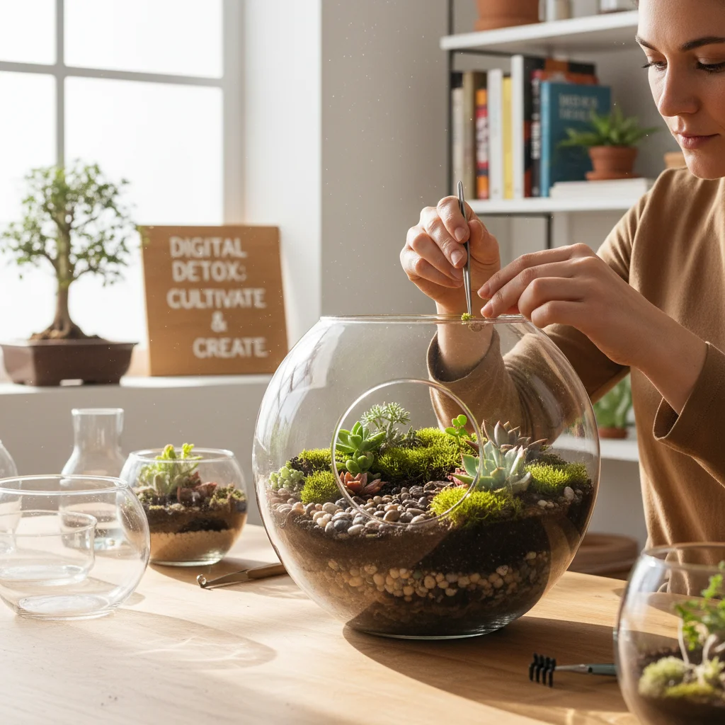 Person creating a terrarium, representing a mindful, screen-free hobby.