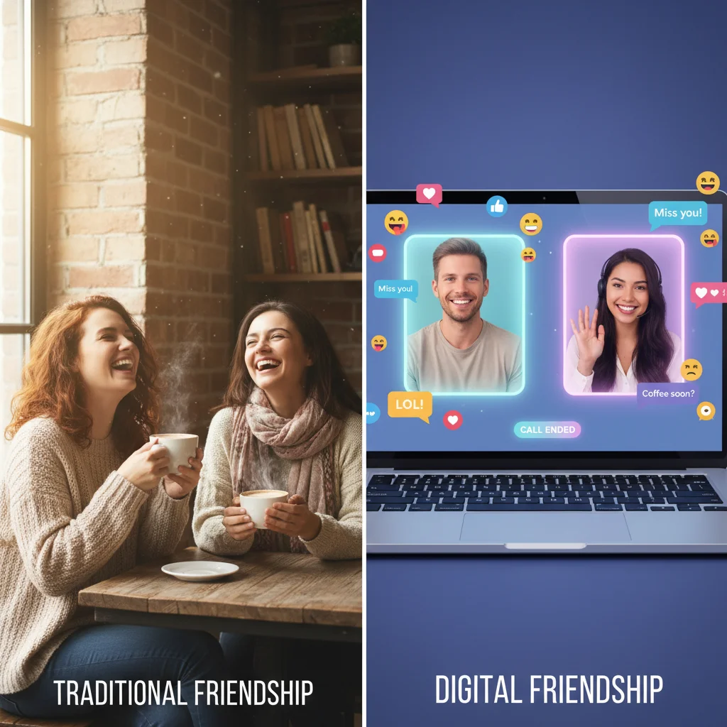 Comparison of traditional in-person friendship and modern digital video call friendship.