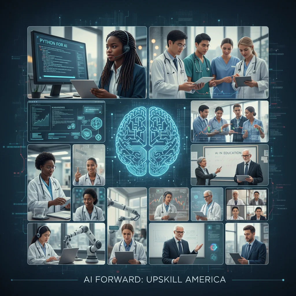 Diverse professionals actively learning and upskilling in AI-related fields, representing continuous professional development.