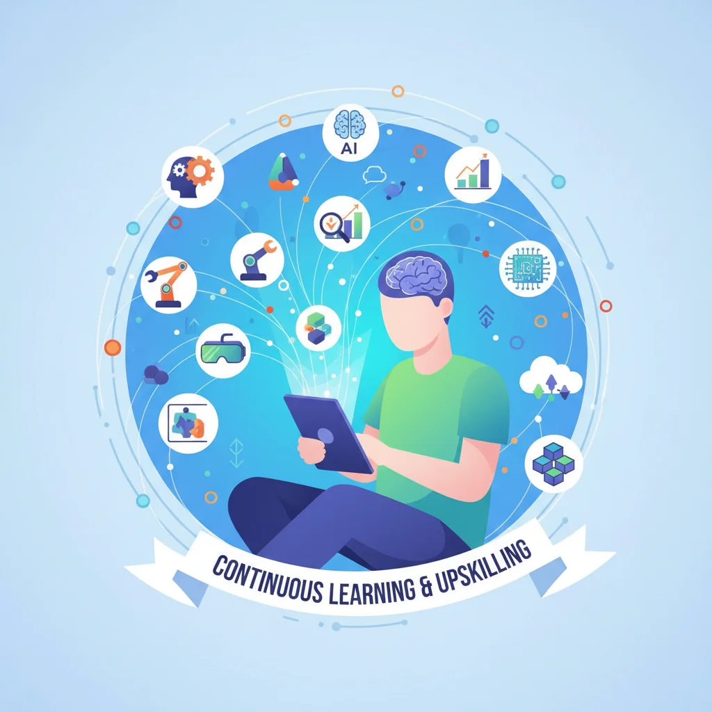 Person learning new skills from a tablet, surrounded by emerging technology icons, highlighting continuous upskilling.