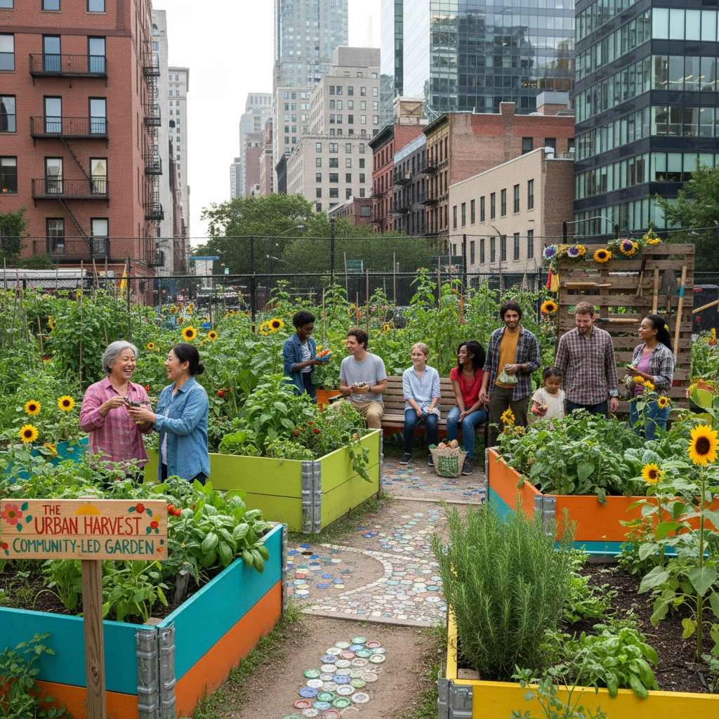 Diverse community members tending a vibrant urban garden
