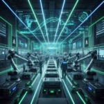 Digital Twins Revolutionize US Manufacturing: 15% Efficiency Boost by 2026 Futuristic U.S. manufacturing plant with digital twin data overlays