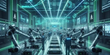 Futuristic U.S. manufacturing plant with digital twin data overlays