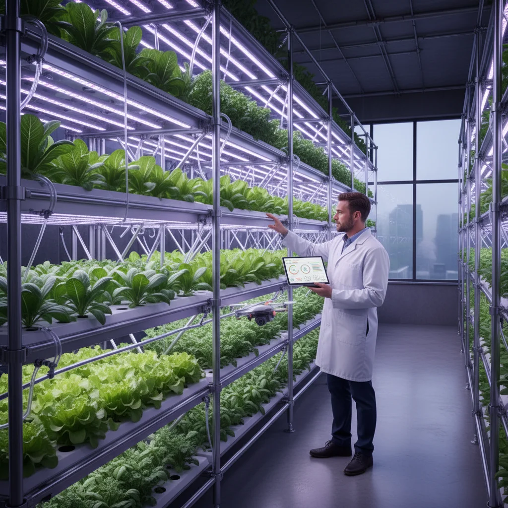 Indoor vertical farm cultivating leafy greens under LED lights, showcasing controlled environment agriculture.