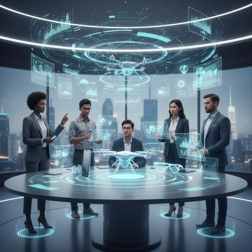 Business professionals collaborating in a virtual metaverse meeting room, discussing product designs and data.