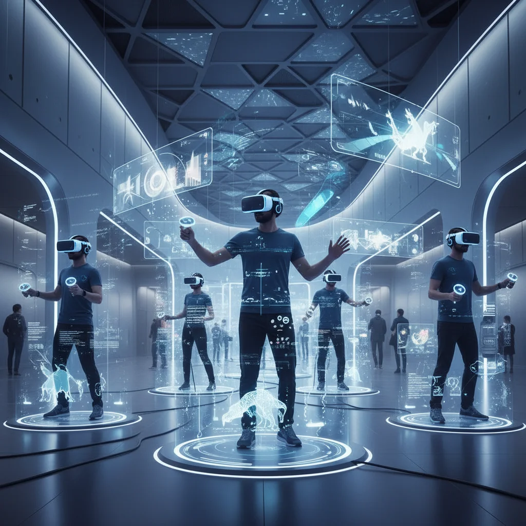 People experiencing virtual reality in an interactive live entertainment setting.