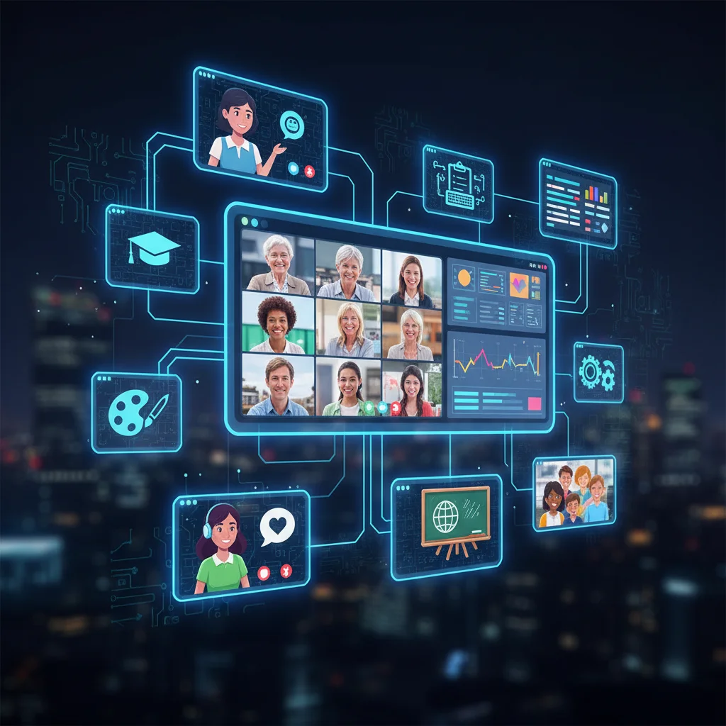 Virtual volunteering concept with people collaborating remotely via video calls.