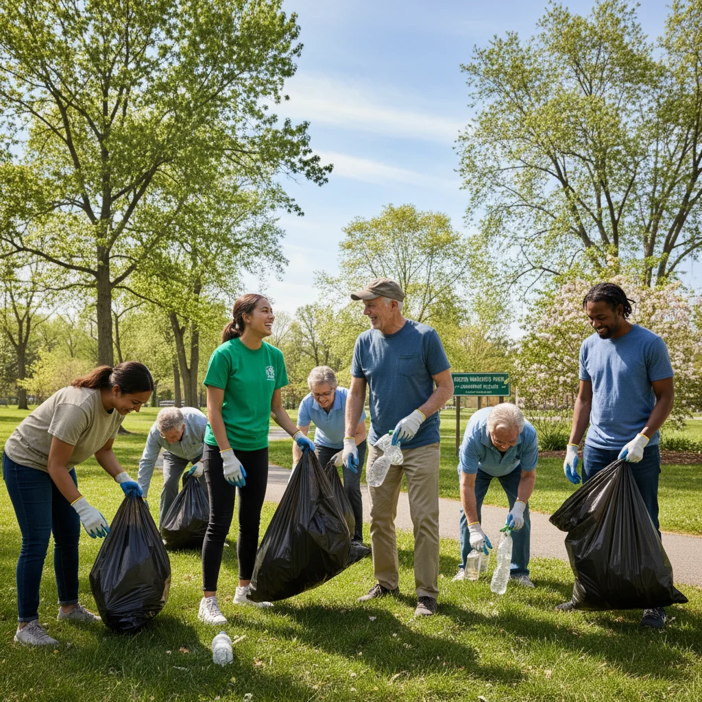 Volunteers cleaning a local park, illustrating active community engagement.
