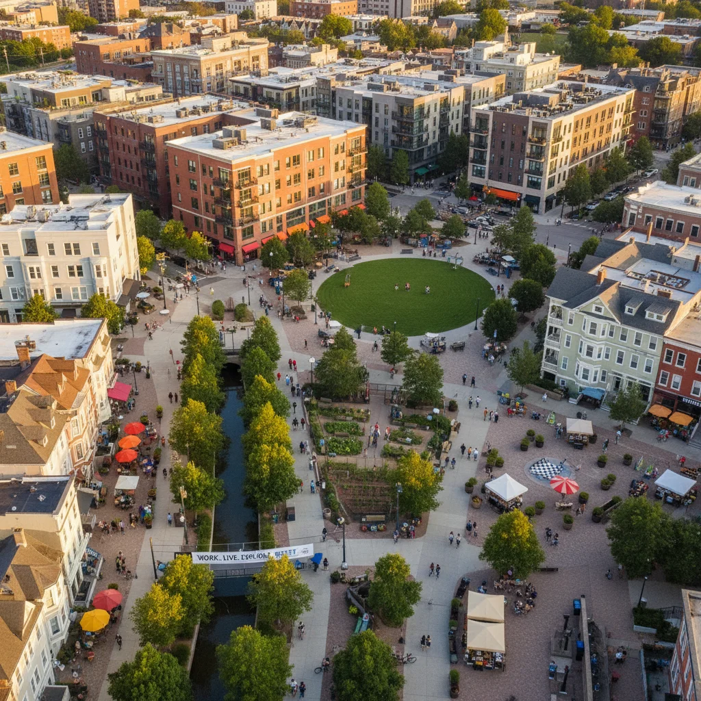 Vibrant walkable US city neighborhood with cafes and green spaces