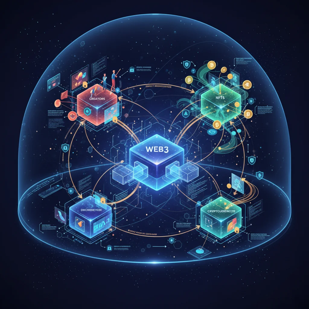 Web3 ecosystem showing interconnected nodes for creators, NFTs, and blockchain, representing decentralized ownership and monetization.