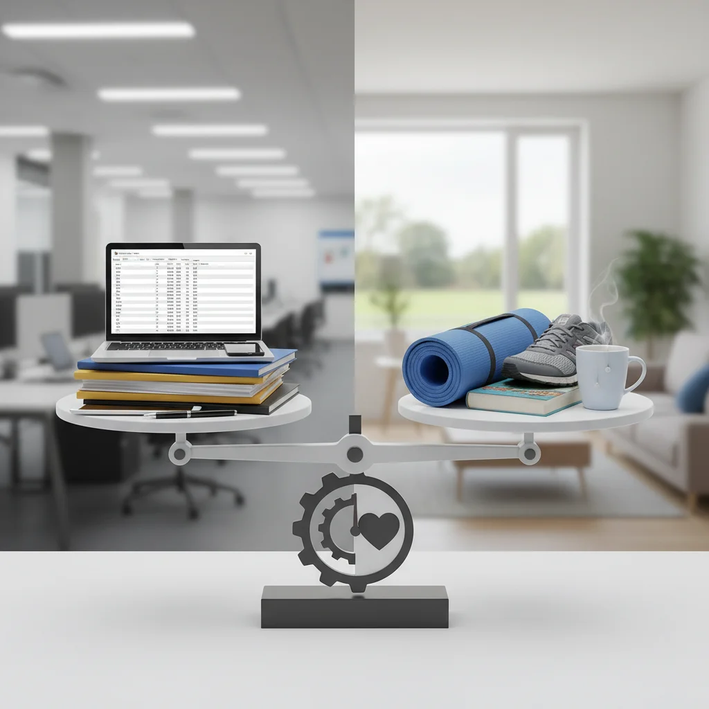 A balanced scale depicting work items on one side and personal items on the other, symbolizing work-life balance.