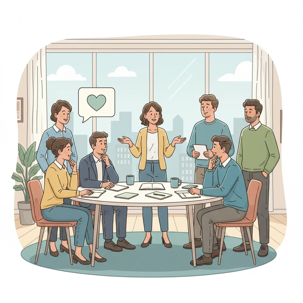 Professional team discussing mental health with a counselor in a supportive workplace environment.