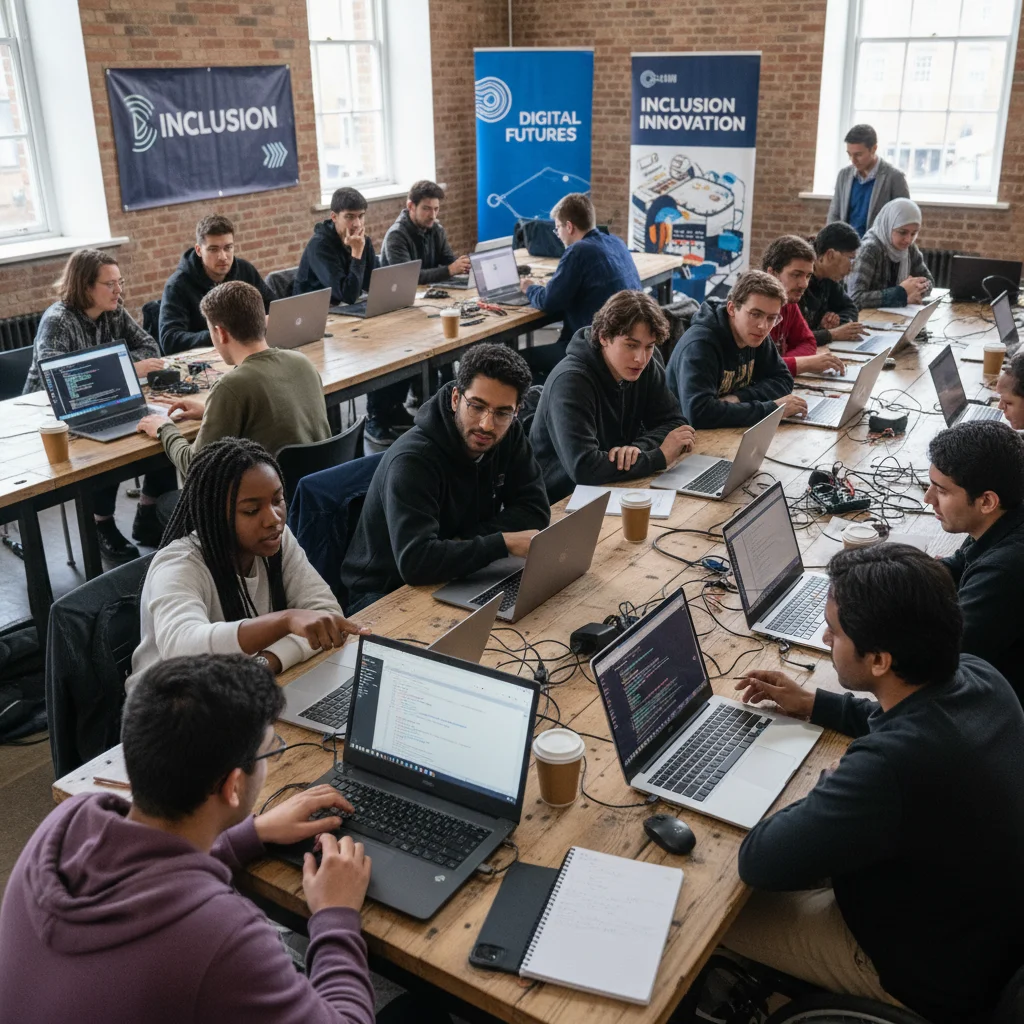 Diverse youth learning technology skills in a corporate-sponsored workshop