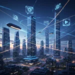 2026 Social Media Landscape: Top 3 Platforms Reshaping US Interactions Futuristic social media landscape with glowing city and interconnected digital icons.