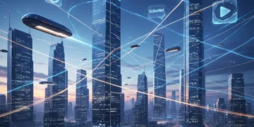 Futuristic social media landscape with glowing city and interconnected digital icons.