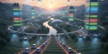 Futuristic agricultural landscape with agritech innovations ensuring food security in the US.