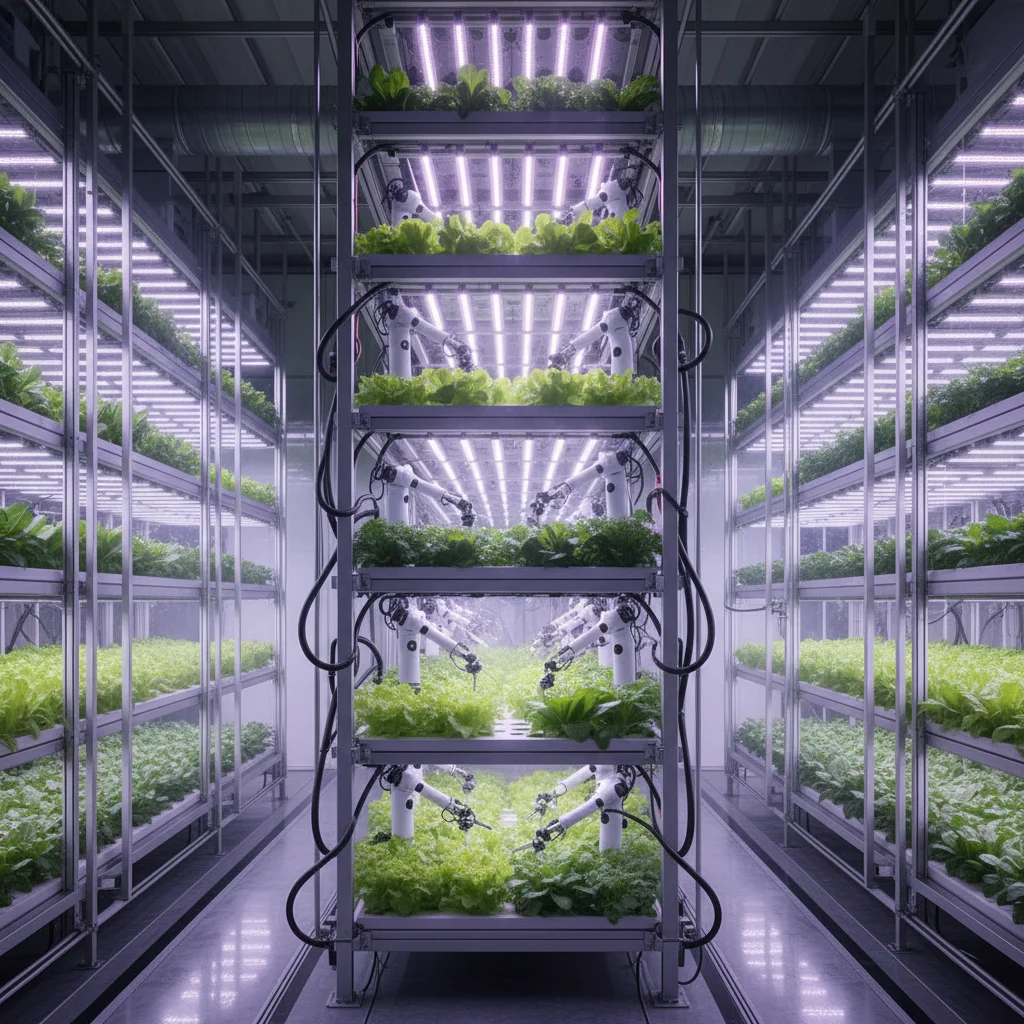 Automated vertical farm with robotic arms harvesting leafy greens under LED lights.