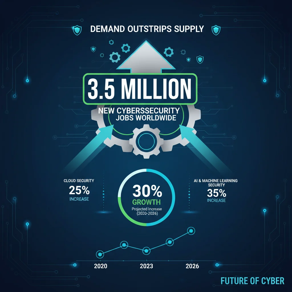 Infographic illustrating the growing demand for cybersecurity professionals and job market growth.