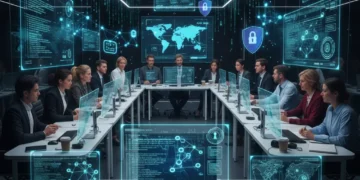 Professionals learning cybersecurity skills in a modern tech training environment.