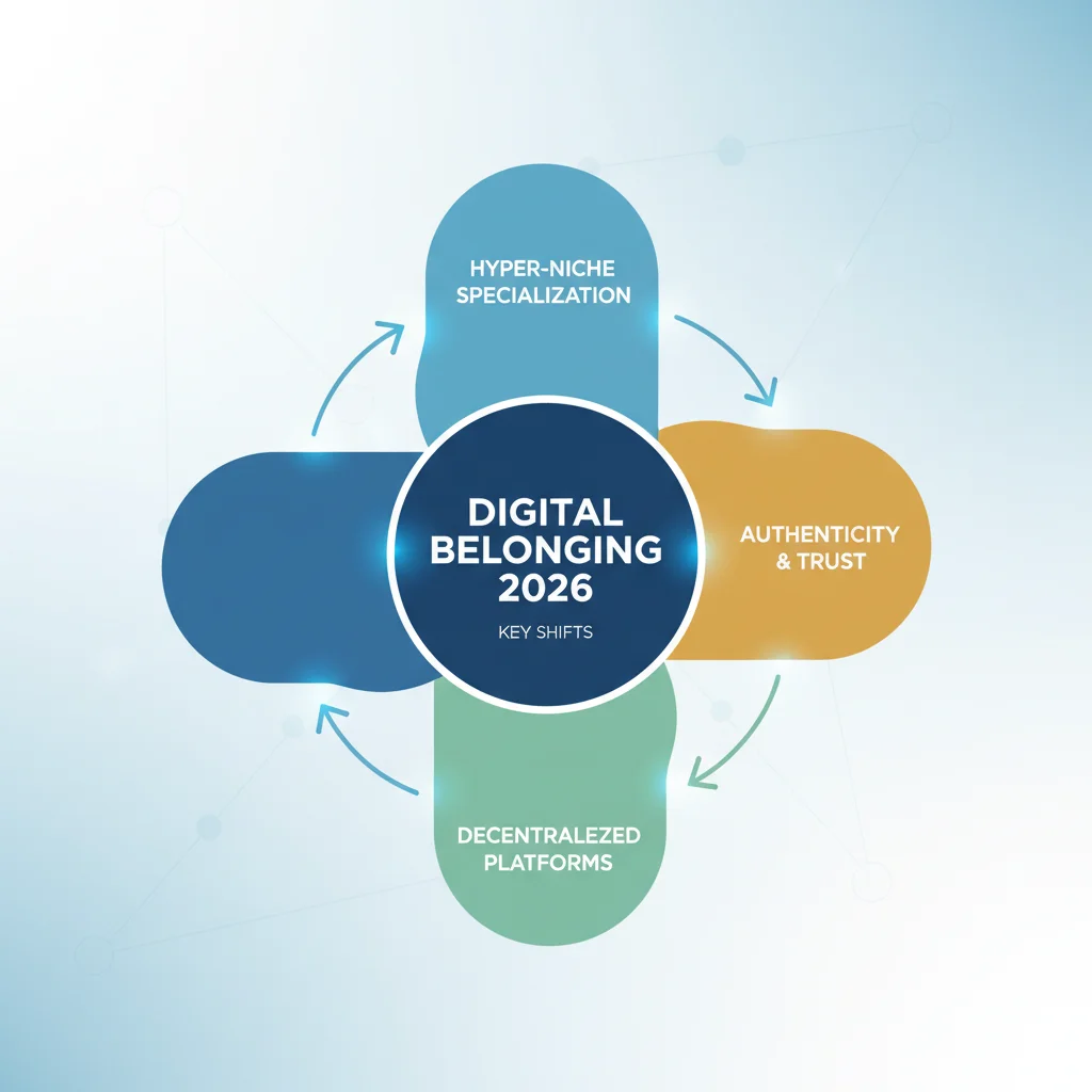 Infographic illustrating three key shifts in digital belonging: hyper-niche, authenticity, and decentralization.
