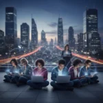 Illustration of diverse individuals connected through digital devices, representing micro-communities.