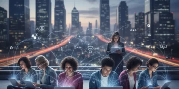 Illustration of diverse individuals connected through digital devices, representing micro-communities.