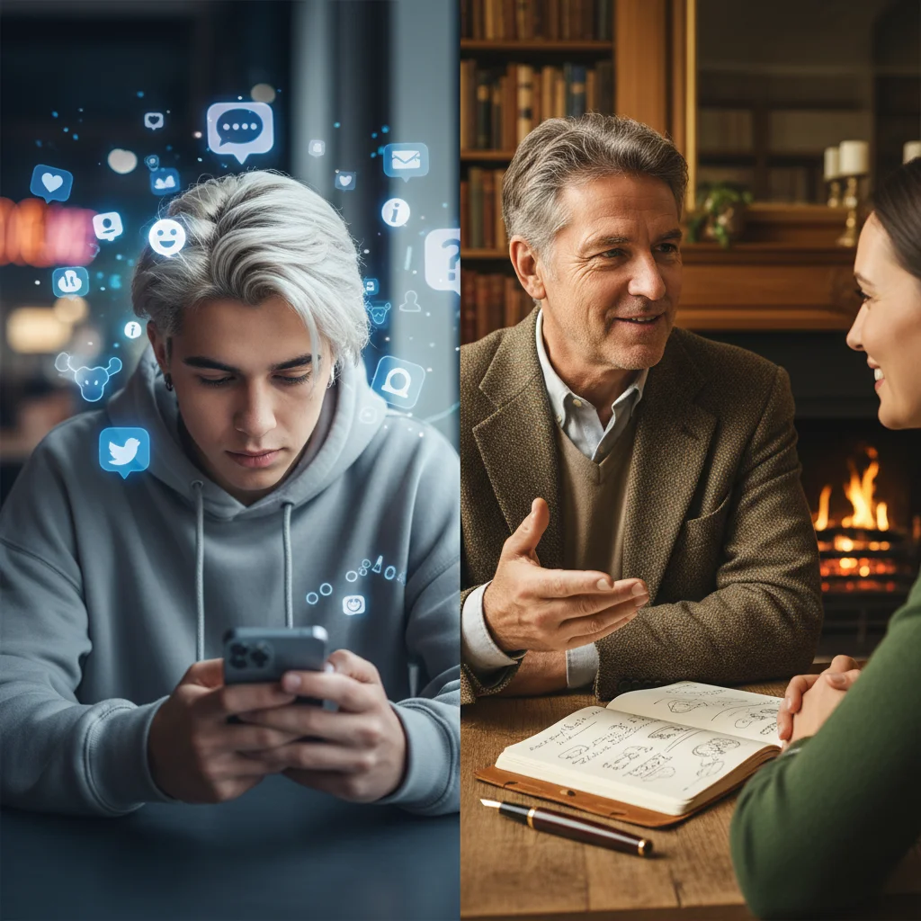 Contrast between digital and traditional communication styles.