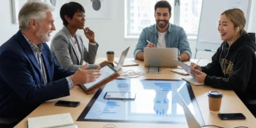 Diverse generational team collaborating in a modern office setting.
