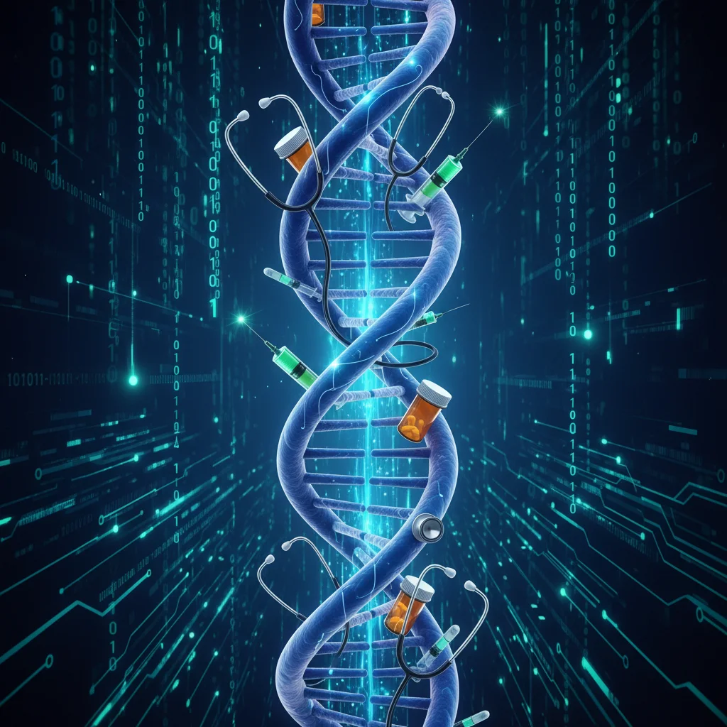 DNA helix integrating with medical symbols and digital data streams.