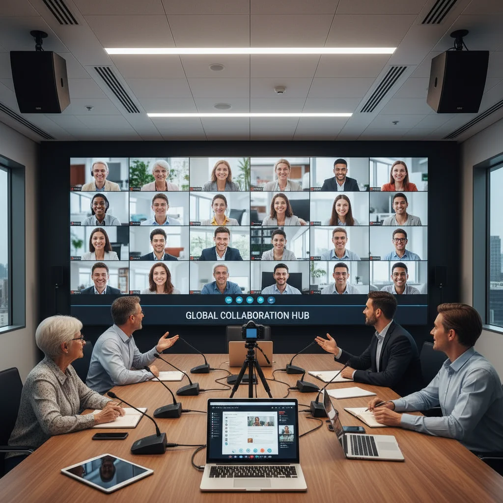 Multi-generational team engaged in a hybrid virtual meeting.