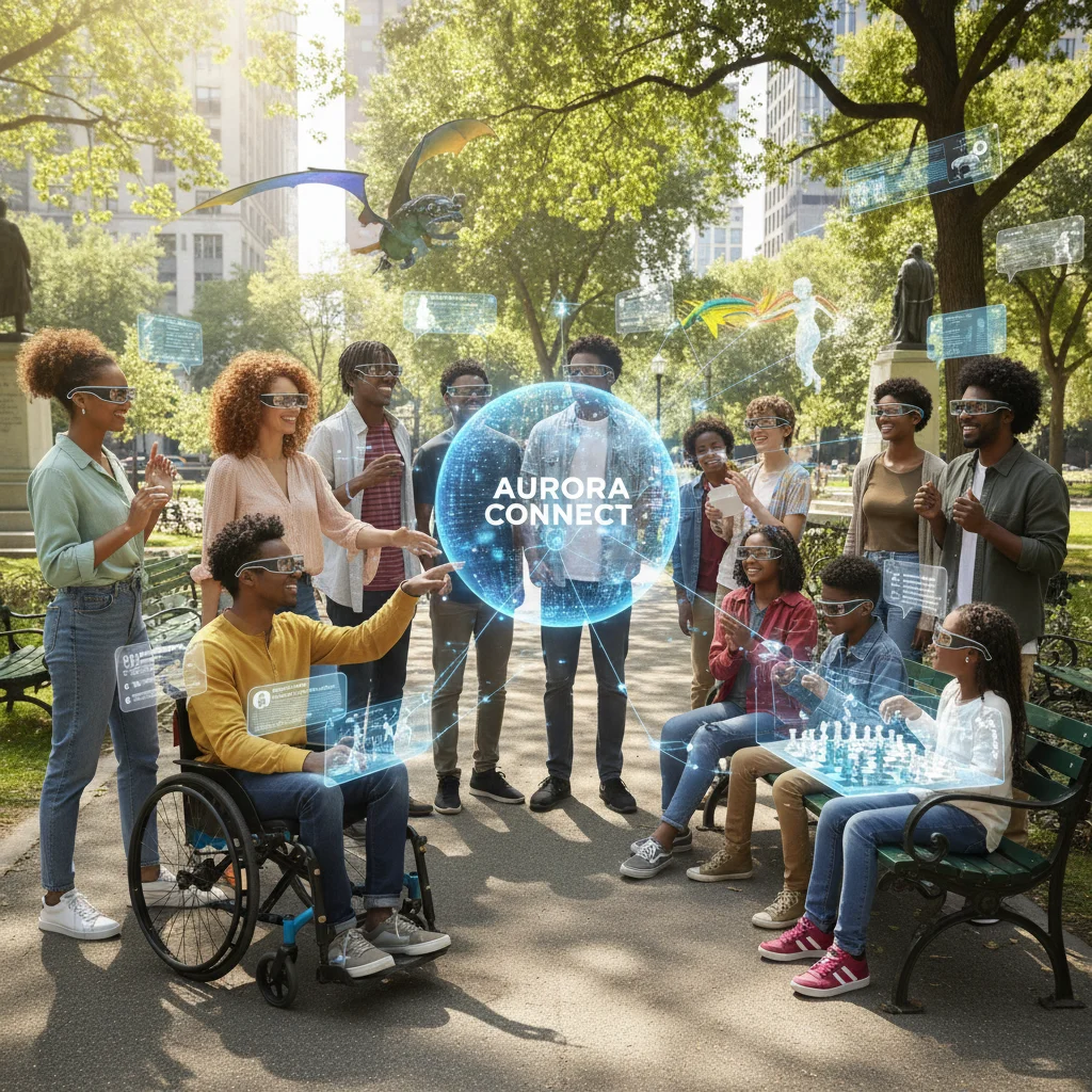 US citizens engaging with augmented reality in a park, showcasing immersive social interactions.
