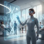 Personalized Medicine: Genetic Data Revolutionizing US Healthcare Healthcare professional interacting with holographic genetic data display for personalized medicine.